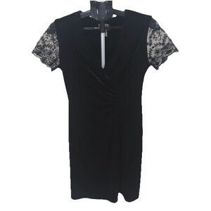 Vtg Black Velvet Rouched Cocktail Dress Lace Sleeves Gothic Whimsigoth 8 Petite